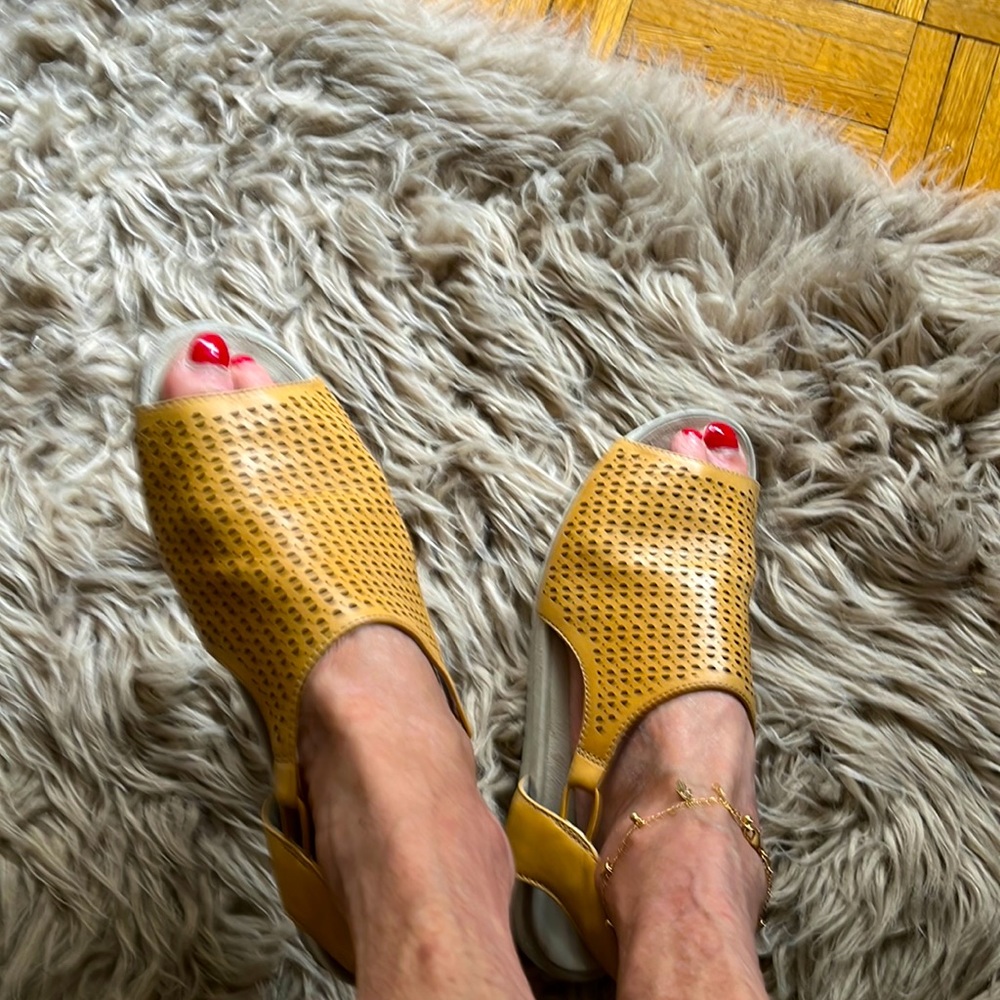 Earth shoes…super comfy!  Great gold tone!